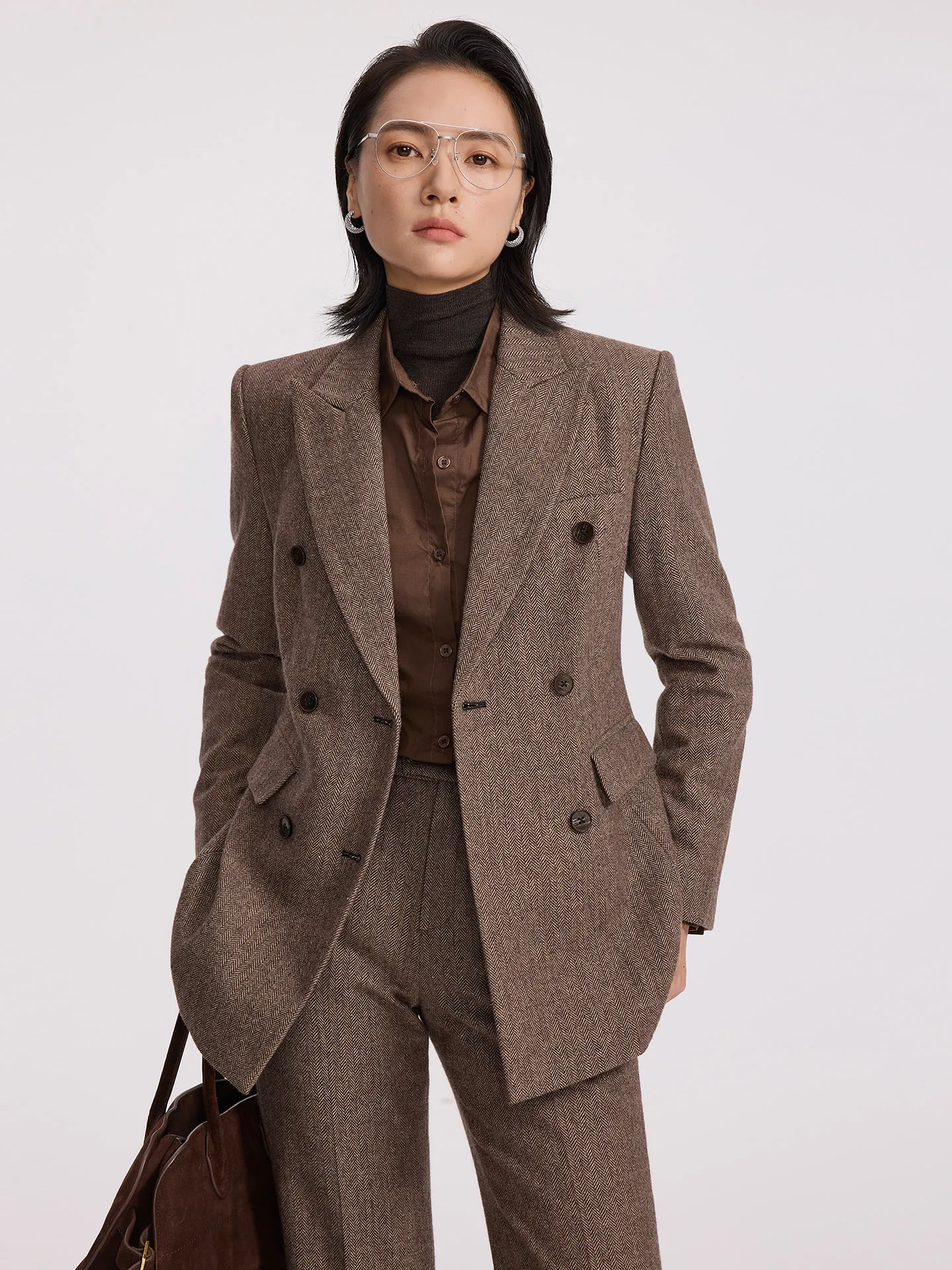 

X осенне-зимний костюм Thiened из высокой шерсти, женский твидовый костюм кофейного цвета с двойной пуговицей, комплект Busin