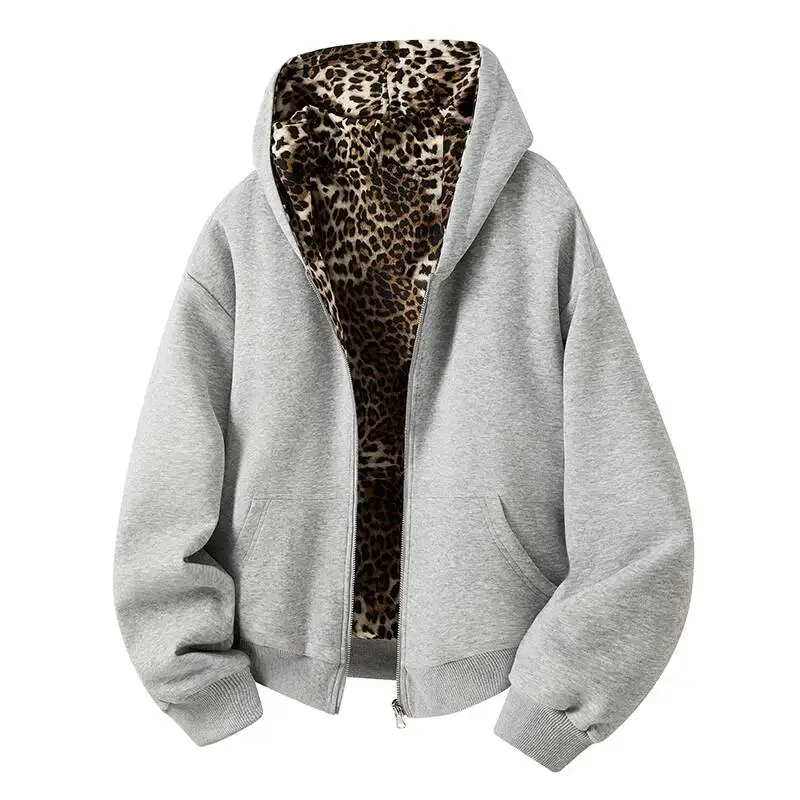 

New Niche Design Leopard Print Double-Sided Wear Men's Hoodies Hooded Lager Pockets Zipper Reversible Contrast Color Male Jacket