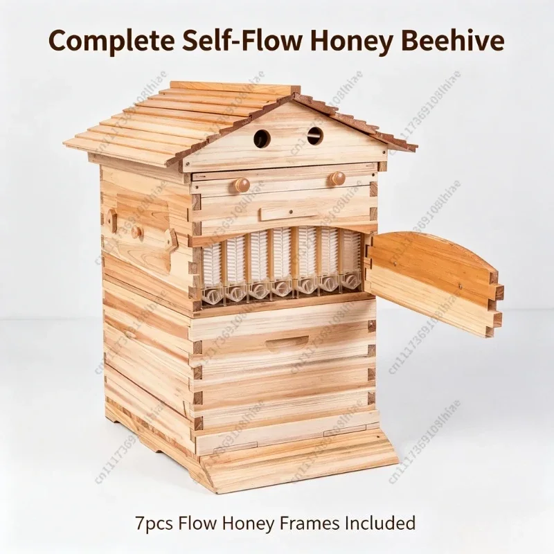 Apiculture Equipment Waxed Cedar Wood Flow Honey Hive Automatic Self-flow Beehive Box with 7 Plastic Flow Frames