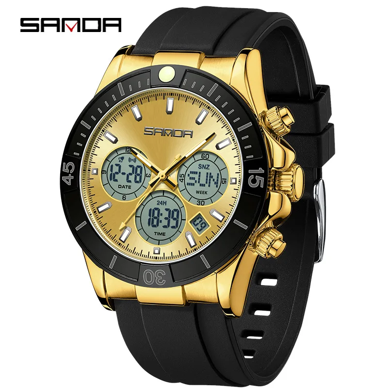 Moda Sanda 6192 relógio de quartzo masculino multifuncional à prova d'água esportes display duplo pulseira de silicone preto relógio de pulso para homens