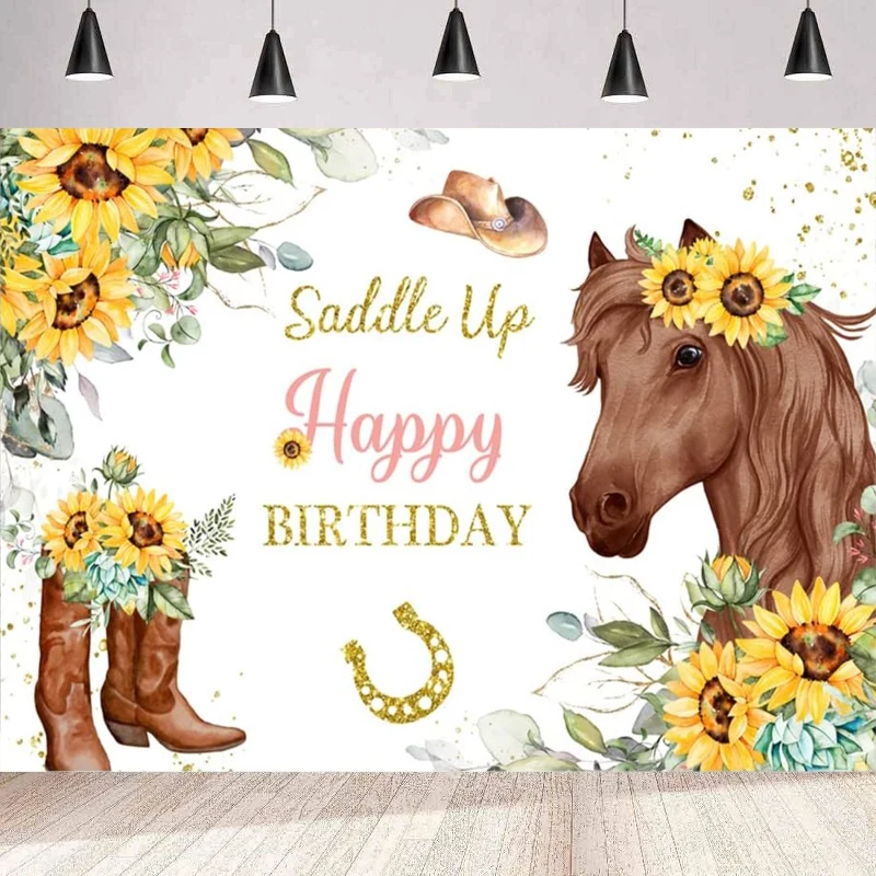 Cowgirl Horse Girls Birthday Photography Backdrop Yellow Sunflower Floral Hat Horseshoe Women Boots Green Leaves Theme Banner