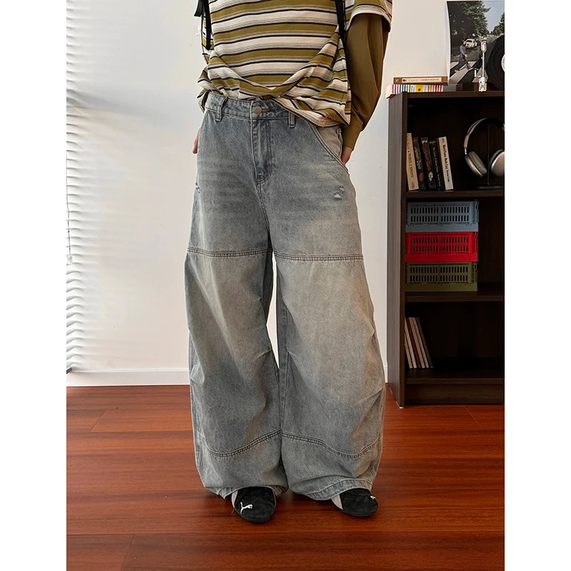 ZHIZOU American Vintage Y2K 2000s Style Women Ripped Jeans Loose Straight Leg Wide Leg Jeans Pockets High Street Denim Trousers