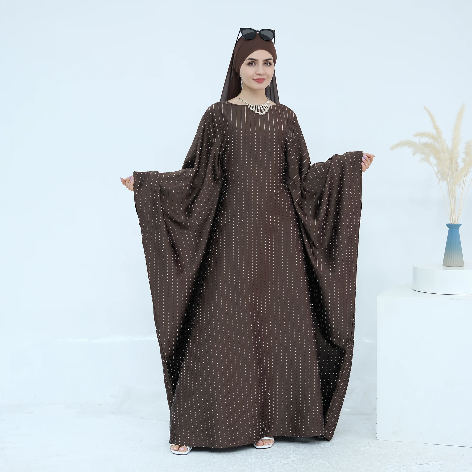 Rhinestone Stripes Extra-Loose-Fit Butterfly Kaftan Abaya Dress, Evening Party Ramadan Eid Islam Muslim Caftan Women Dress