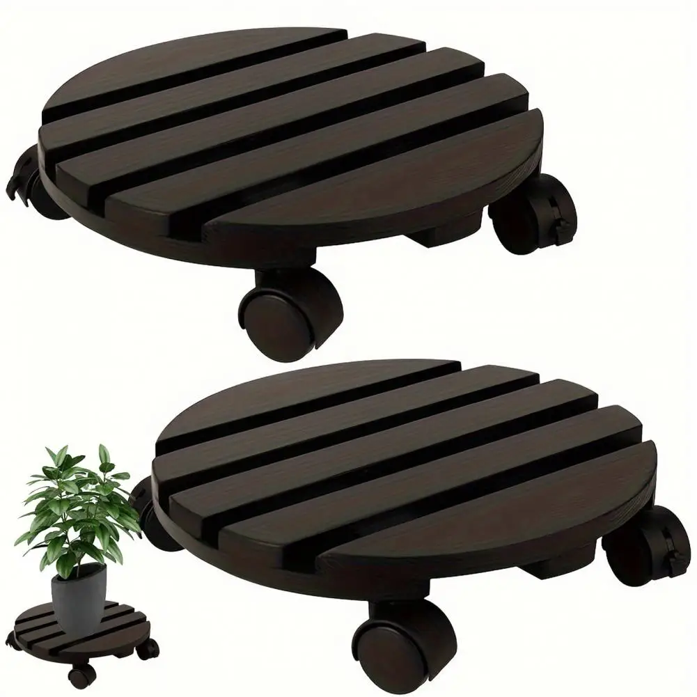 2Pcs Wooden Plant Caddy Lockable 360° Wheels - Easy Assembly Roller Stand for Indoor Outdoor Planters Whiskey Barrels