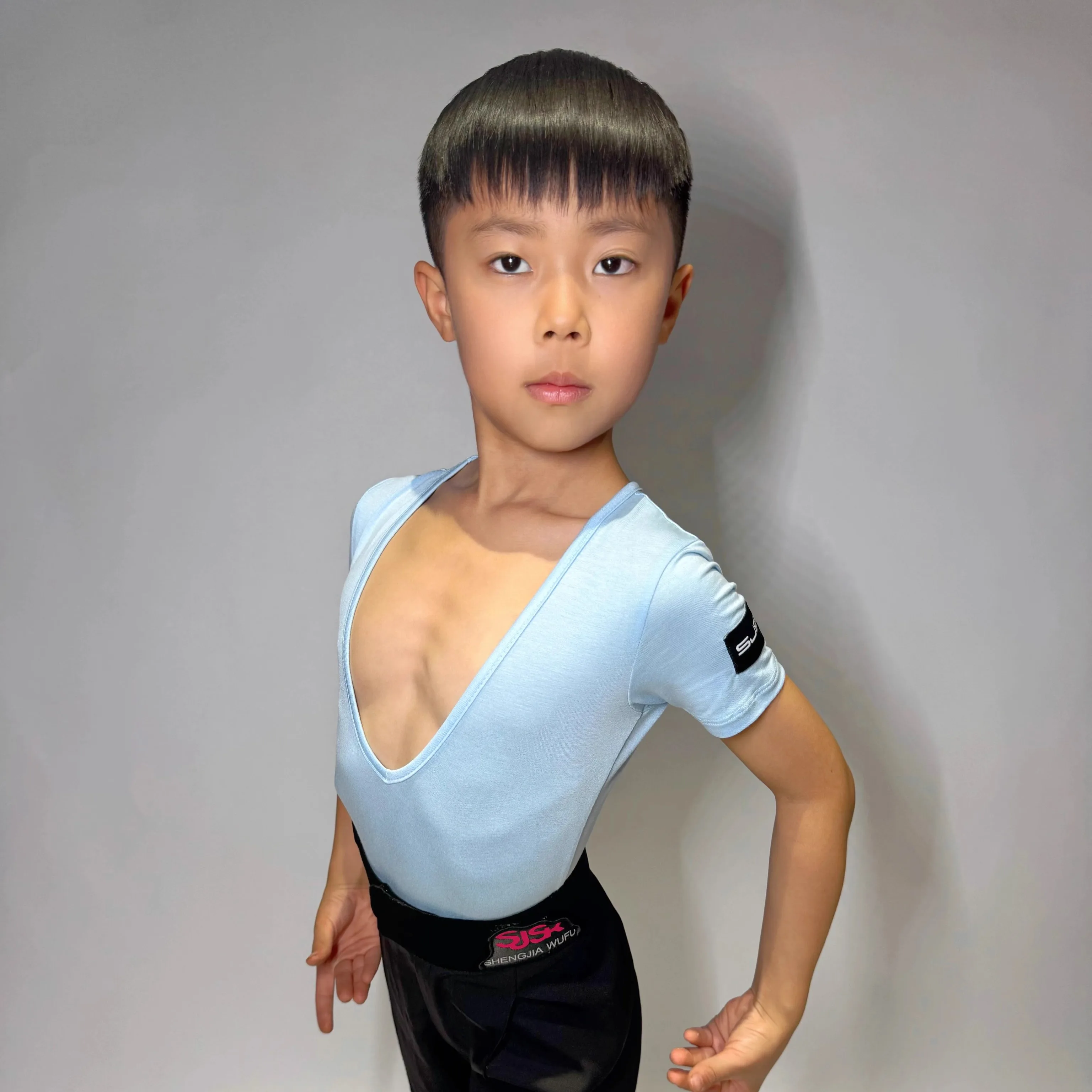 

Kids Boys Latin Dance Clothes Sky Blue Short Sleeves Tops Cha Cha Rumba Samba Dance Training Dance Wear Practice Tops DNV23258