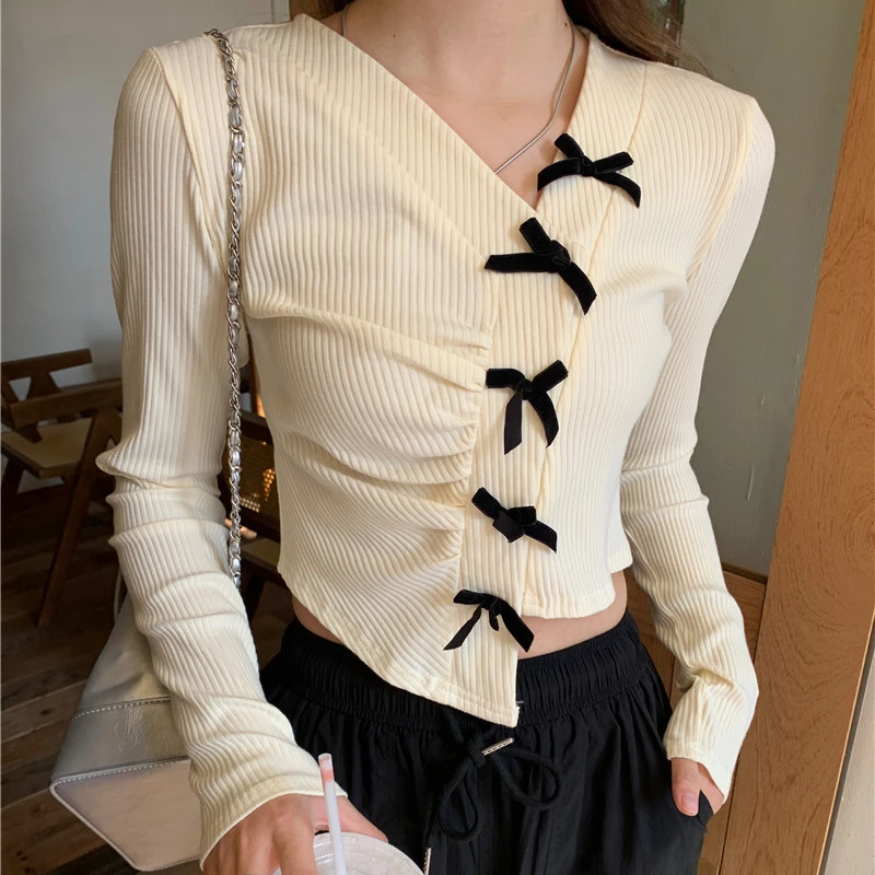 

Long Sleeve T-shirt Women's Autumn New Arrival Bow Irregular Short Tops V-neck Solid Color Office Lady Daily Pullovers Female