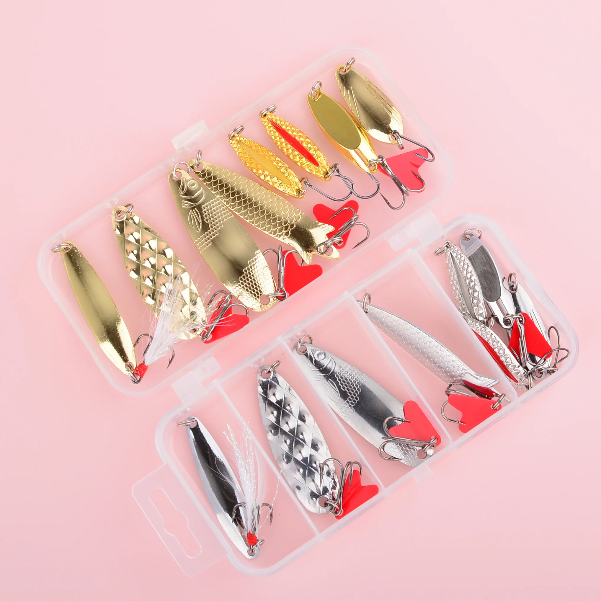 

16pcs Fishing Metal Spoon Lure Kit Set Pike Spoon Bait Hard Baits Sequins Spinner Lures with Box Treble Hooks for Fishing