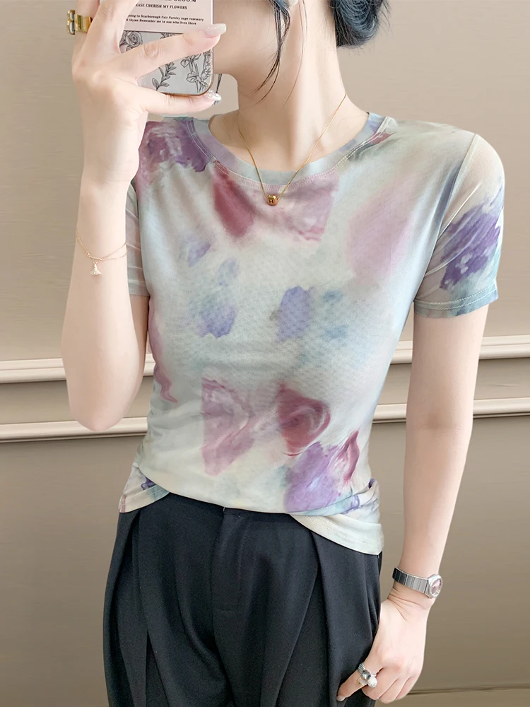 Chic f Sve T-irt Women's Summer Faion Design Sense Dyed Me Top round Ne Print ort Sve Commute Sle Korean...