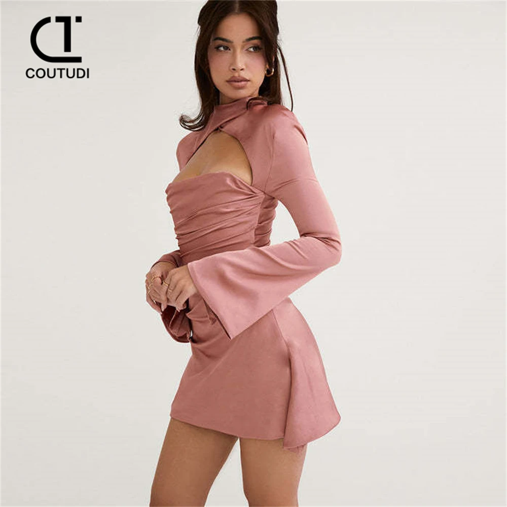 COUTUDI-vestido de satén de manga larga para mujer, vestido de noche blanco Sexy, vestido de noche para invitados de boda, Mini vestido drapeado para fiesta, vestido de cumpleaños