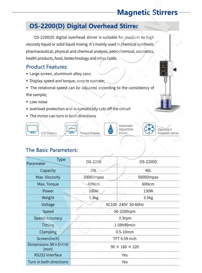 OS-2200D Digital Overhead Stirrer 20000mpas Digital overhead stirrer