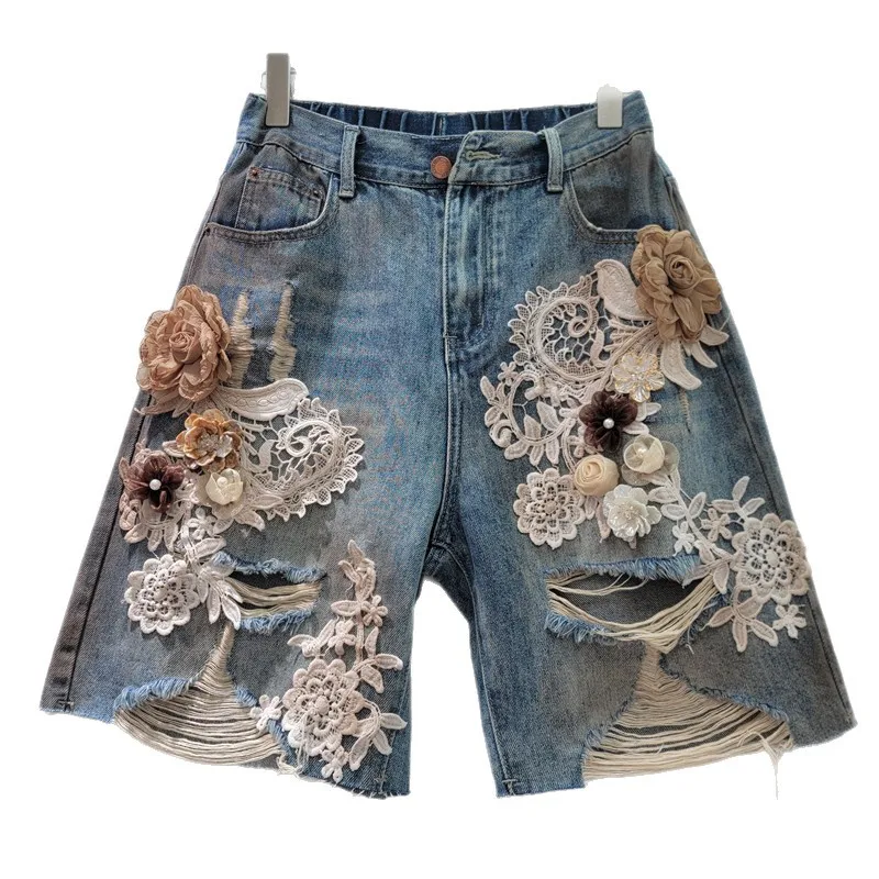 Women 2026 Summer Lace Floral Splicing Ripped Denim Shorts Brushed Rhinestone Back Elastic Waist Casual Trendy Jeans Shorts