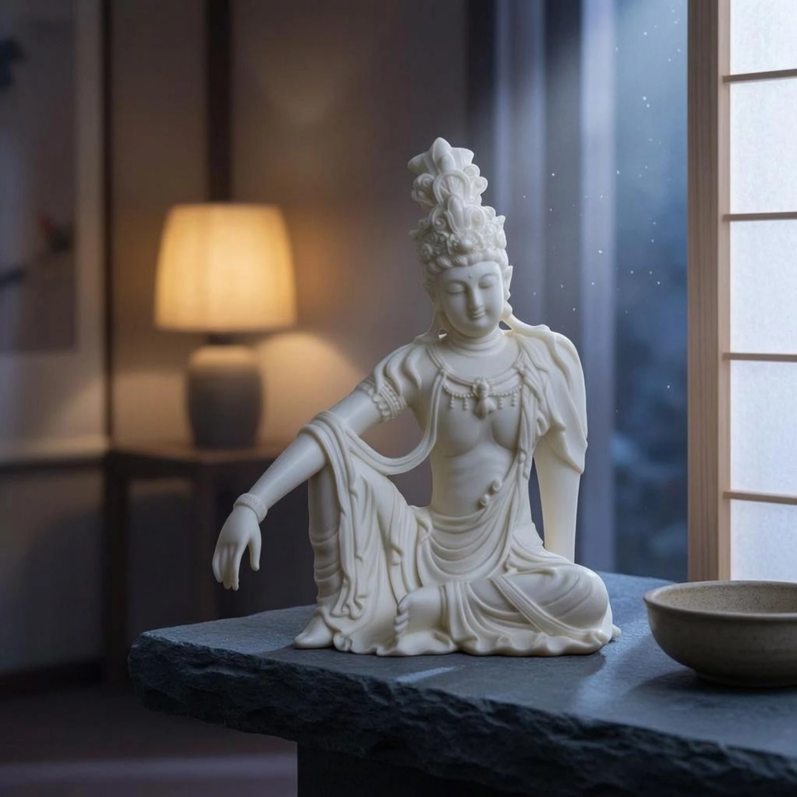 Seated Guanyin Statue Detailed Robes Guanyin Statue Bodhisattva Ornament Intricate Carving Bodhisattva Figurine Serene Ambiance