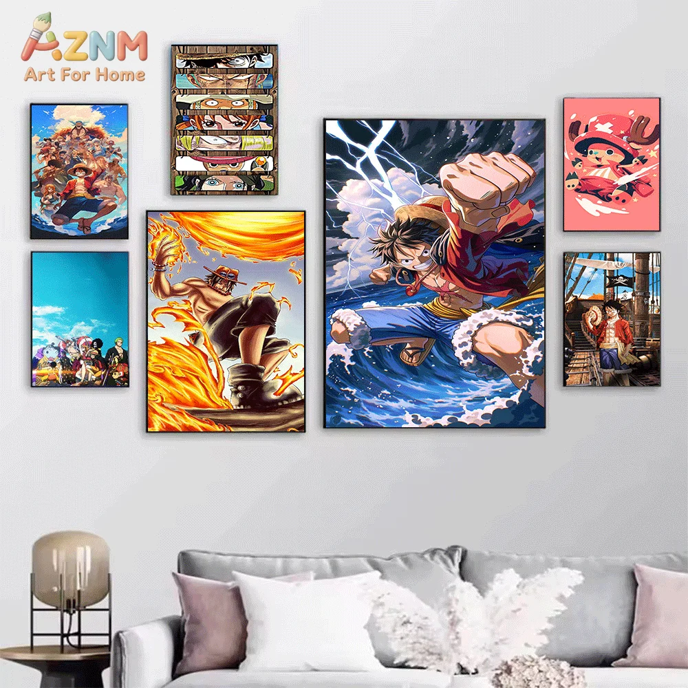 AZNM Unframed Canvas Print One Piece Luffy Ace Chopper Straw Hat Crew Anime Wall Art Manga Poster Home Decor