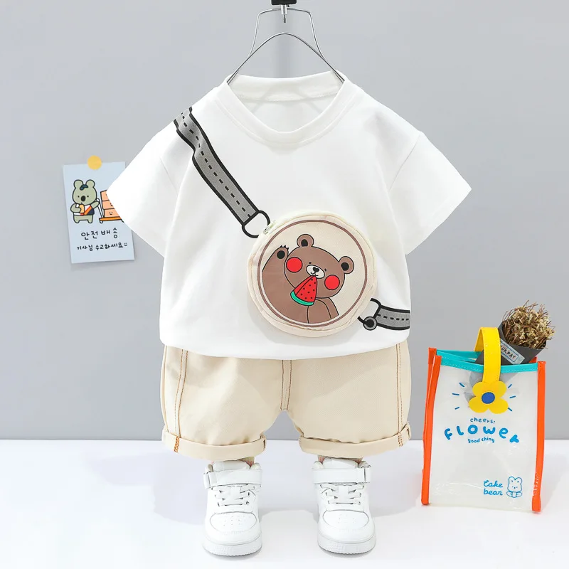 Baby's suit boys&girls kids solid color bear backpack short sleeve T-shirt casual shorts summer trend two-piece set