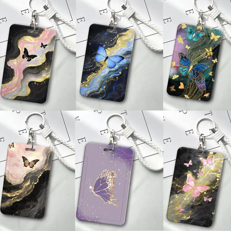 1Pc Card Holder Retractable Credit Card Holders Holders Child Bus with lanyard Badge Bank ID Cover Case Marble Flower