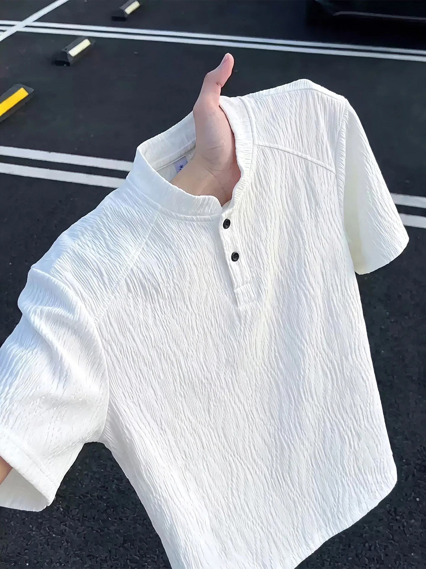 White Texture Henry Collar Short Sleeve  Shirt Boxy Splice T-Shirt American Style Half Sleeve Summer Fashion for Men