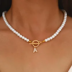 Elegant Simulated-pearl Gold Color OT Buckle 26 Letters Pendant Necklace for Women Vintage Choke Collares Jewelry Girls Gifts