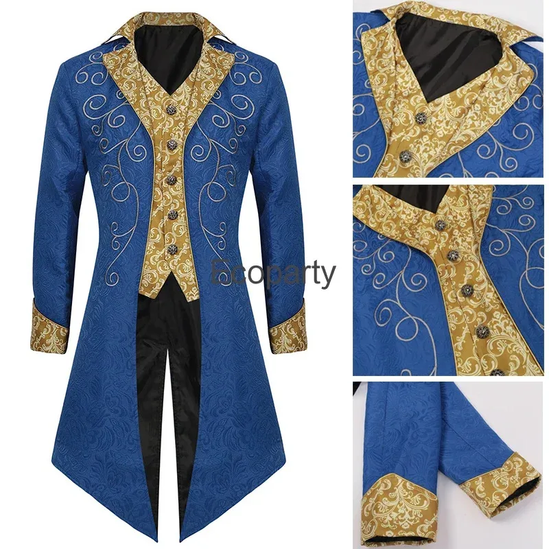 

Mens Medieval Victorian Tuxedo Jacket Blue Jacquard Fabric Steampunk Prince Cosplay Costume Halloween Party Renaissance Overcoat