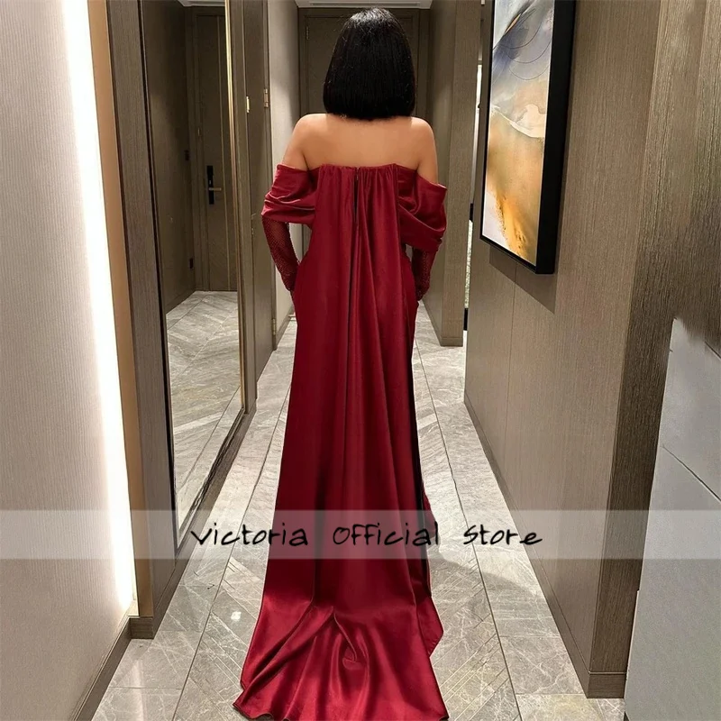 Vestidos de noche personalizados con flores en 3D y hombros descubiertos, vestido de fiesta de manga larga plisado de satén, vestidos de fiesta formales hasta el suelo