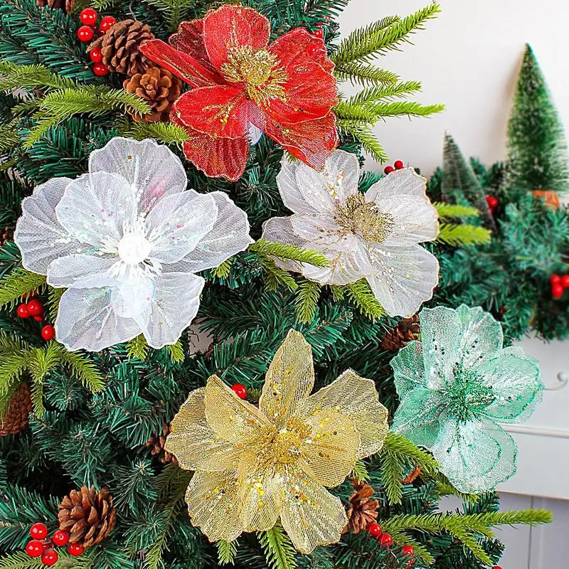 Christmas Poinsettia Artificial Flowers Decorations Shining Artificial Poinsettia Christmas Flowers Decoration Glitter