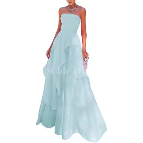 Long Chiffon Bridesmaid Dress Off The Shoulder Ruffles Prom Dresses Strapless Layered Formal Evening Party Gown Customized