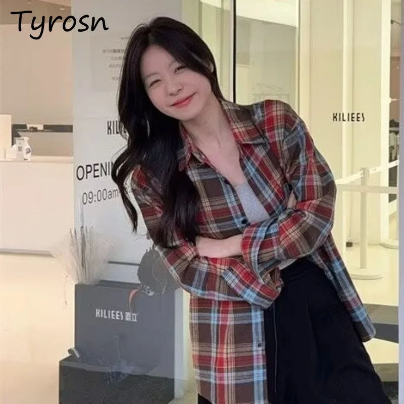 

Plaid Shirts Women Autumn Prevalent Korean Trendy Aesthetic Outerwear Hipster Baggy Long Sleeve Button Contrasting Colors Tops