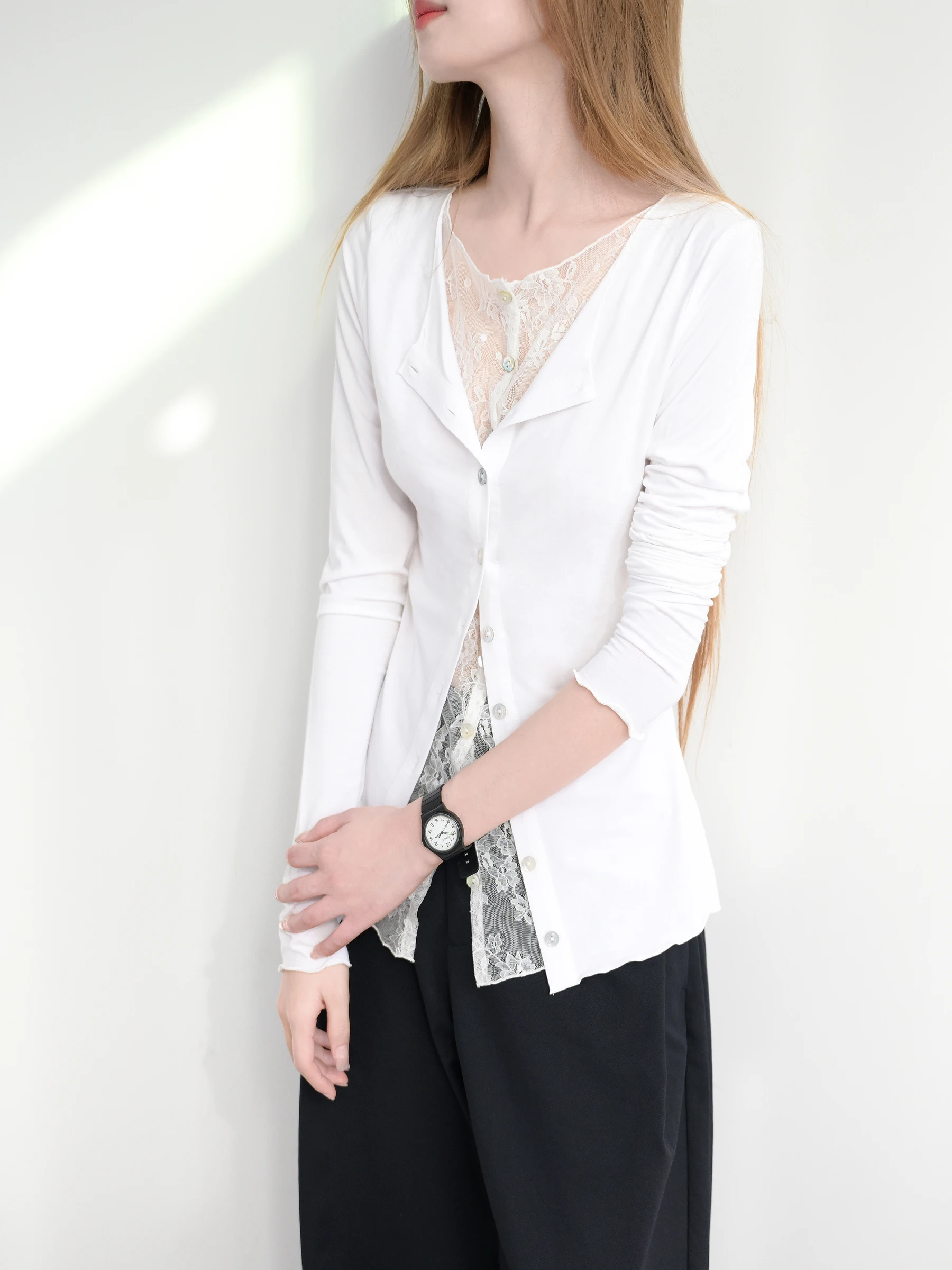 

TRR Lace See-through Splice Slimming Shirt Women's Elegant Sensual Style Long Sleeve V-neck Business Casual Fashion