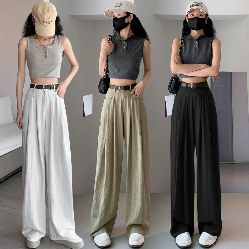 Spring and summer high waisted straight leg casual pants, suit wide leg pants, women's small figure drape pants