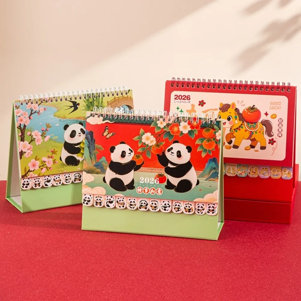 Chinese Style 2026 Desk Calendar Cartoon Horse/Panda Horse Year Calendar Month Date Display Coil Binding Schedule Planner