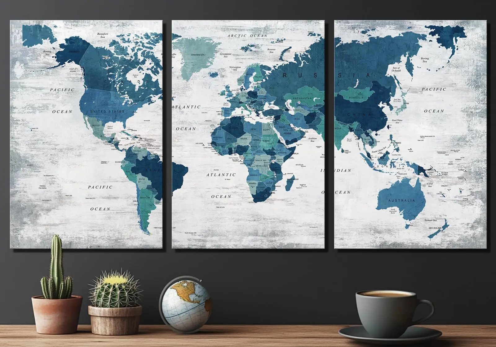 Juego de arte de pared de lienzo con mapa del mundo de 3 piezas, decoración de pared grande para sala de estar, oficina, dormitorio y cocina | Decoración elegante de la comedor