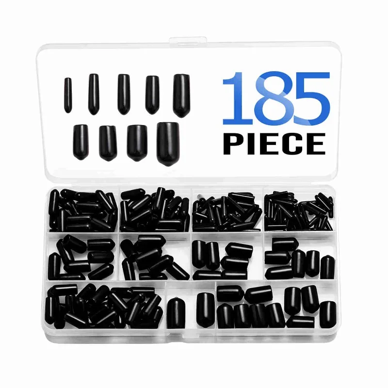 185pcs/box PVC Screw Protector Insulated End Caps Black Terminal Protection Cap 9 Sizes Wire Cable Pipe Connector Protection