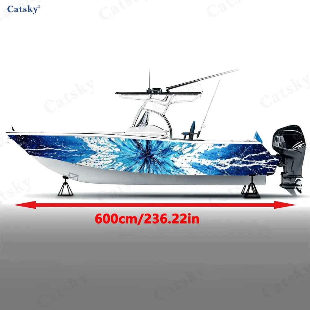 Ice Blue Radiant Splash Ink Boat Stickers, PVC Waterproof Durable Vinyl Wrap Decals for Fishing Boat, Durable and Stylish Design