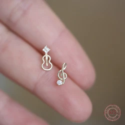 S925 Sterling Silver Musical Note Stud Earrings for Women Girl Mini Violin Earring Korean Fashion Plated 14k Gold Cute Jewelry