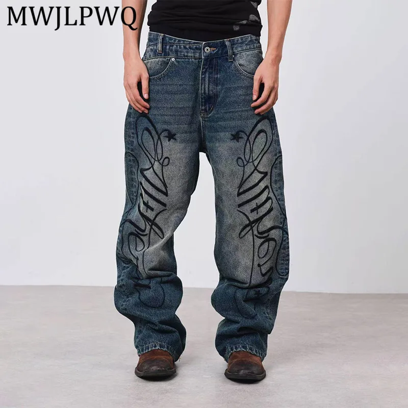 

MWJLPWQ Baggy Embroidered Print Vintage Jeans Men's Street Washed Loose Stacked High-End Blue Straight Leg Trousers Spring 14662