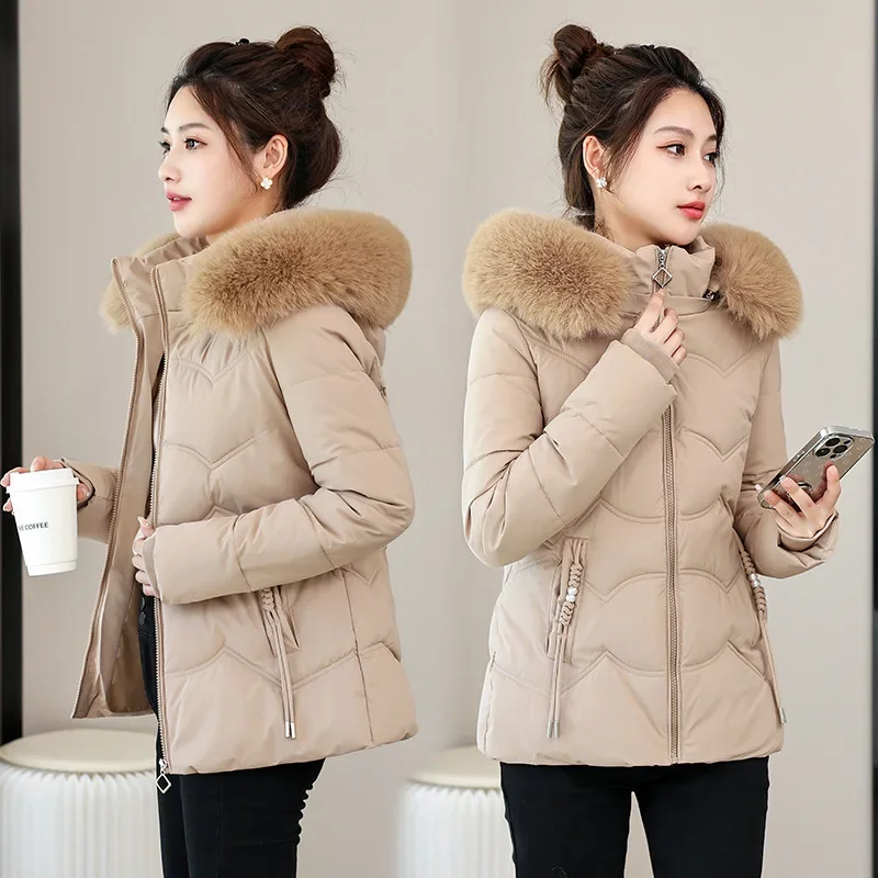 2025년 신상 겨울 재킷 여성 파카 캐주얼 기본 코트 후드 퍼 칼라 두꺼운 따뜻한 파카 면 패딩 아우터 숏 재킷