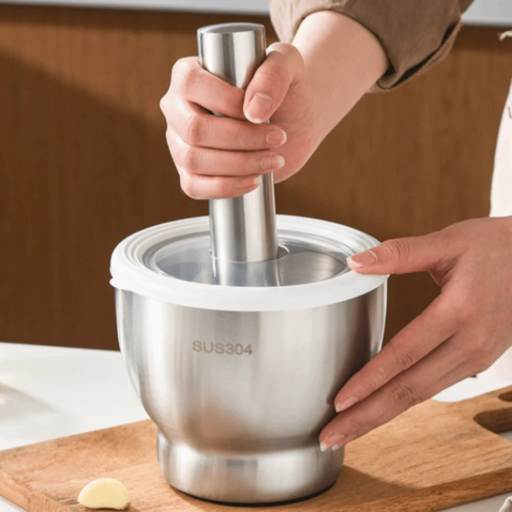 304 Stainless Steel Garlic Masher Sturdy Non-Slip Base Grinding Bowl Multi-functional Splash Prevent Spice Grinder Kitchen
