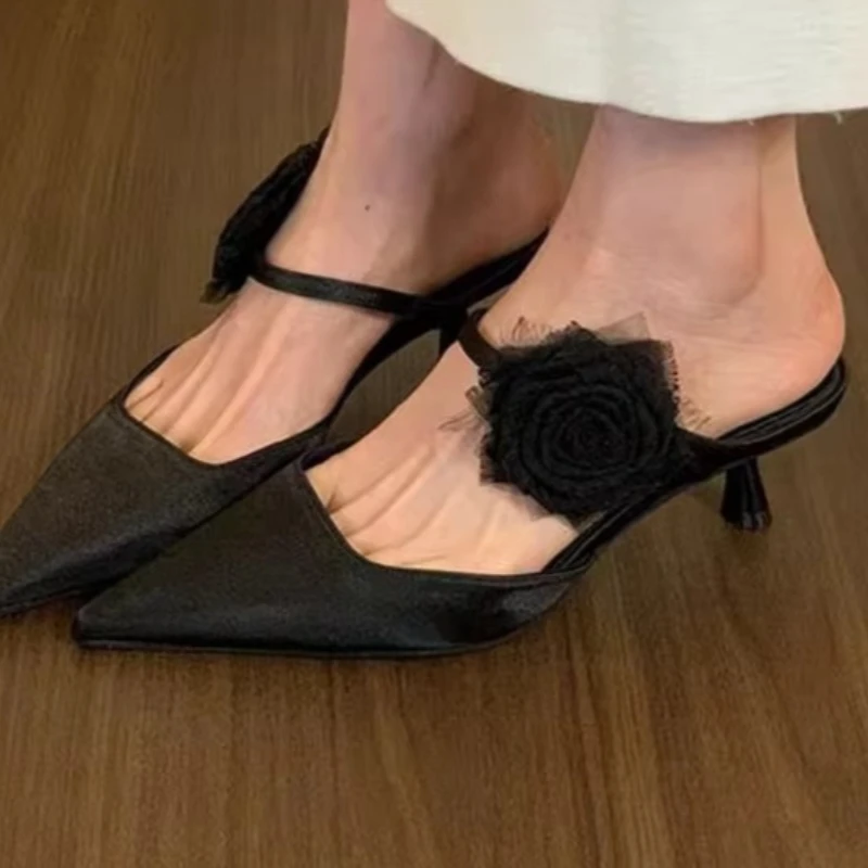 

New Summer Fashion Pure Color Flower Design Sexy Baotou Stiletto Slippers Elegant Dress Party Comfortable High Heels 35-42 Size