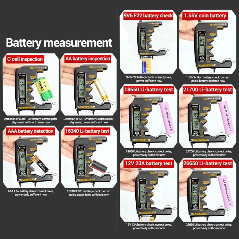 Battery Capacity Detector Analyzes 3A D C 9V 12V 23A 18650 21700 Batteries Double Digital/Power Bar Display M4YD