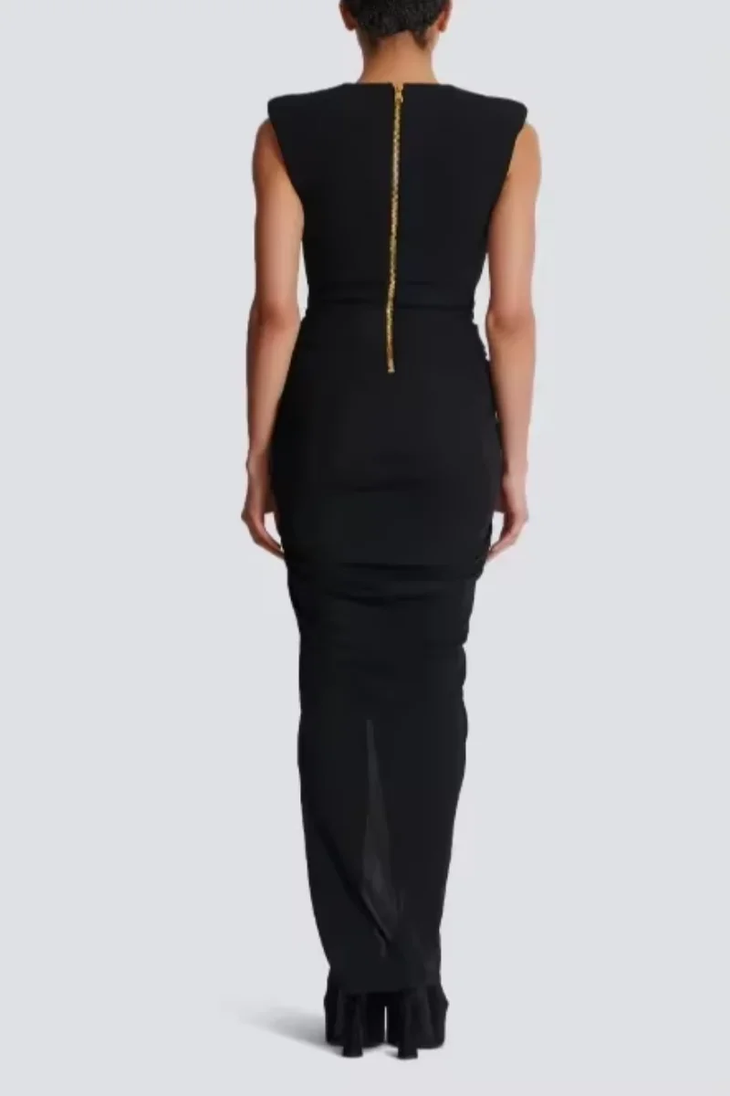 Customized Personality Party Solid Spliced Buttons Split Evening Dresses for Women V Neck Patchwork Folds Party Dresses