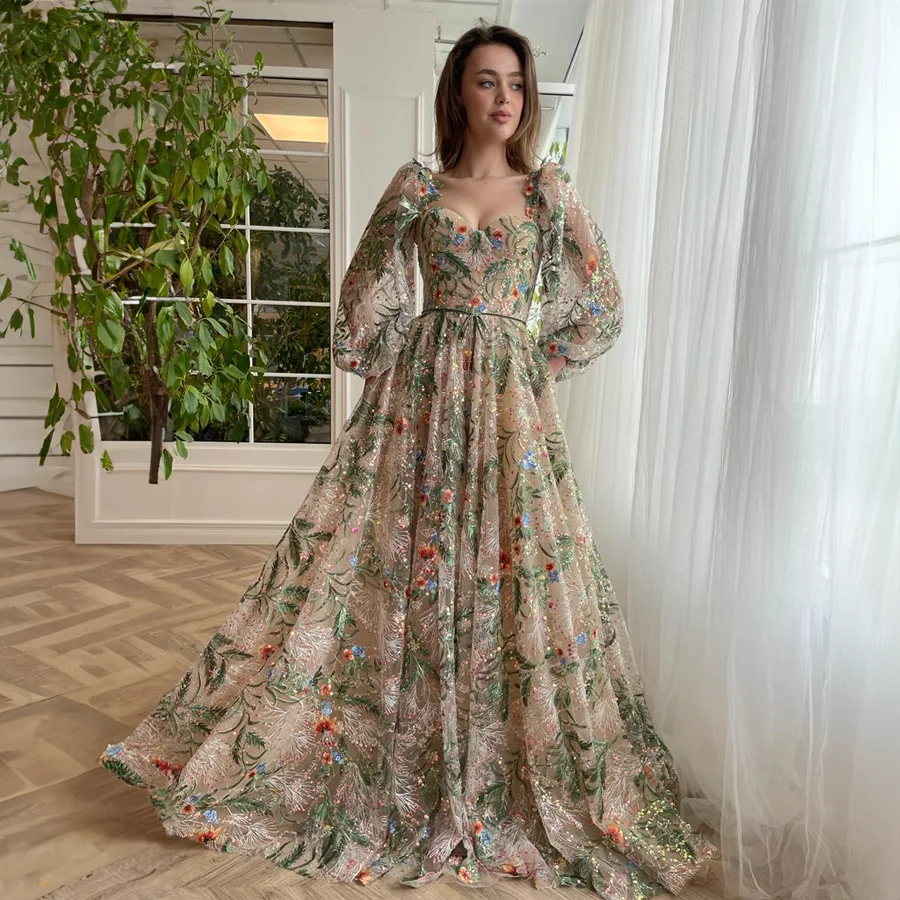 Customized  Long Sleeves Floral Embroidery Lace Prom Gown  Opulent Luxurious Lace Breathtaking Evening Dress