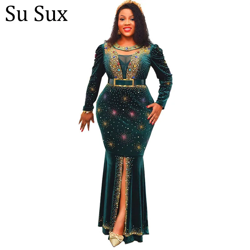 

Velvet Maxi Dress African Clothes For Women Evening Party African Dress Sequins Long Sleeve Fishtail Dresses Female Robe 2022