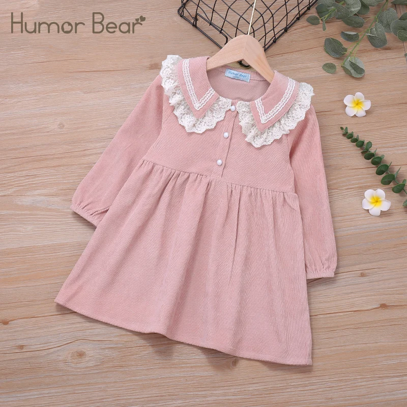 

Humor Bear Girls Dress Spring Autumn Lace Collar Long Sleeve Solid Printed Dresses Sweet Kid Party Princess Dress