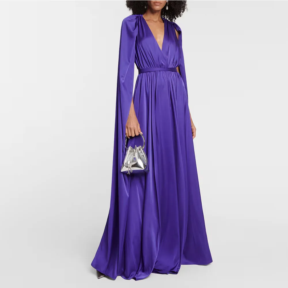 

Сексуальное вечернее платье для свадьбы, фиолетовое платье с рукавами-плащом, платье для выпускного вечера длиной до пола, с v-образным вырезом, вечернее платье трапециевидной формы, Саудовское платье