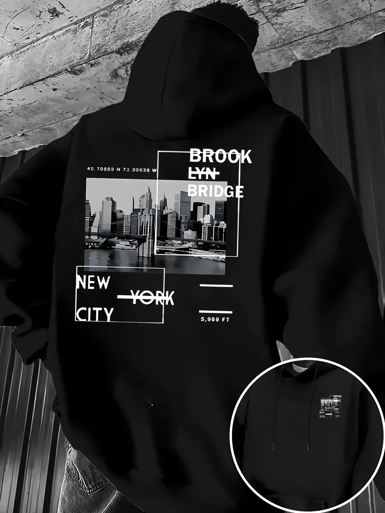 Men Urban Street Hoodie Autumn Winter Large Back NYC Skyline Brooklyn Bridge Frame Photo Print Loose Oversized Sweatshirt