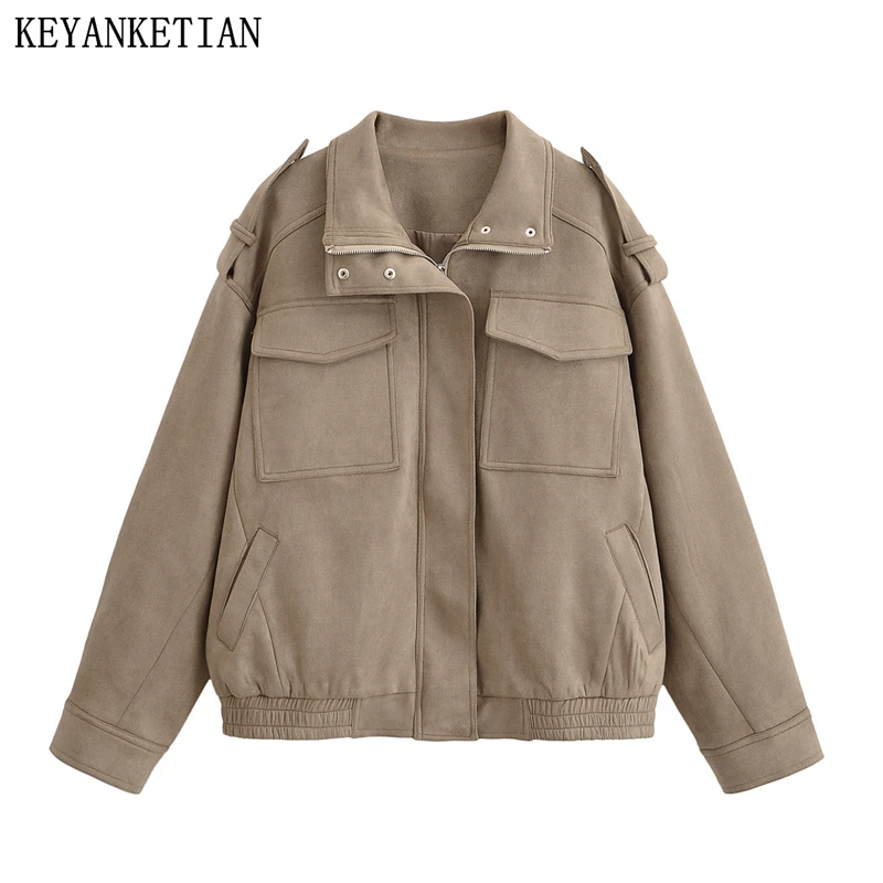 KEYANKETIAN Autumn and Winter New Women's Shoulder Badge Double Pocket Suede Texture Leather Coat Women Leather Jacket