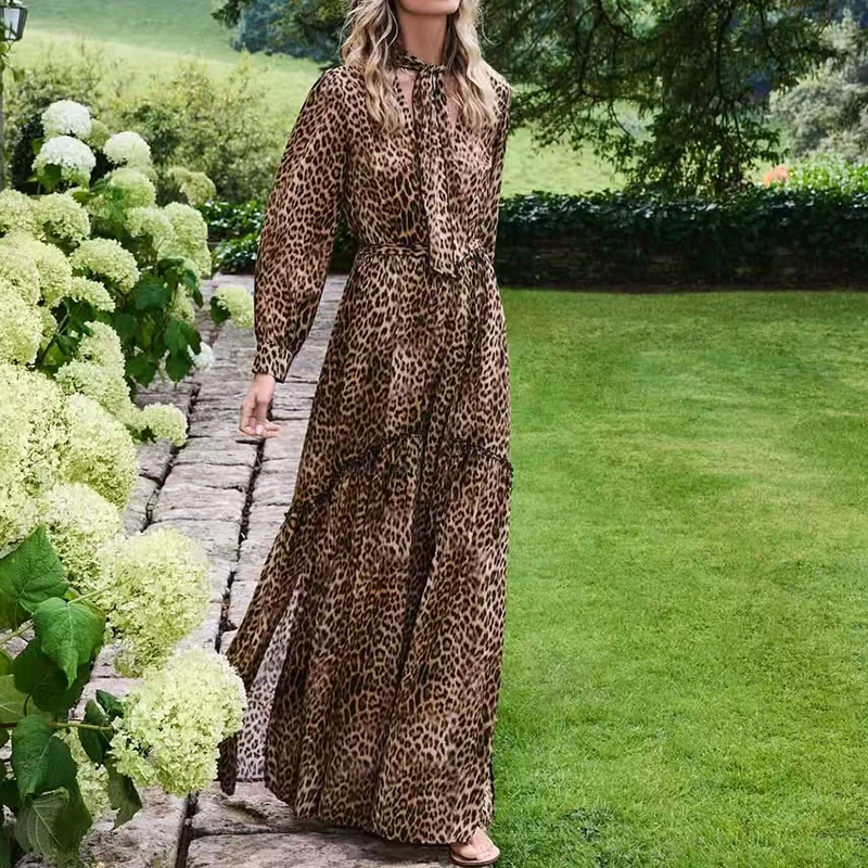 

Women's Leopard Print Dress, Scarf Neck Belted Long Dress, Vacation Style Dress, High Quality, Summer, New, 2025, y2k