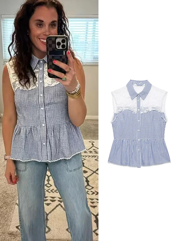

New Women's Sweet Lace Patchwork Plaid Shirt Women 2026Summer Single Breasted Slim Fit Top Fashion Versatile Chic Blouse