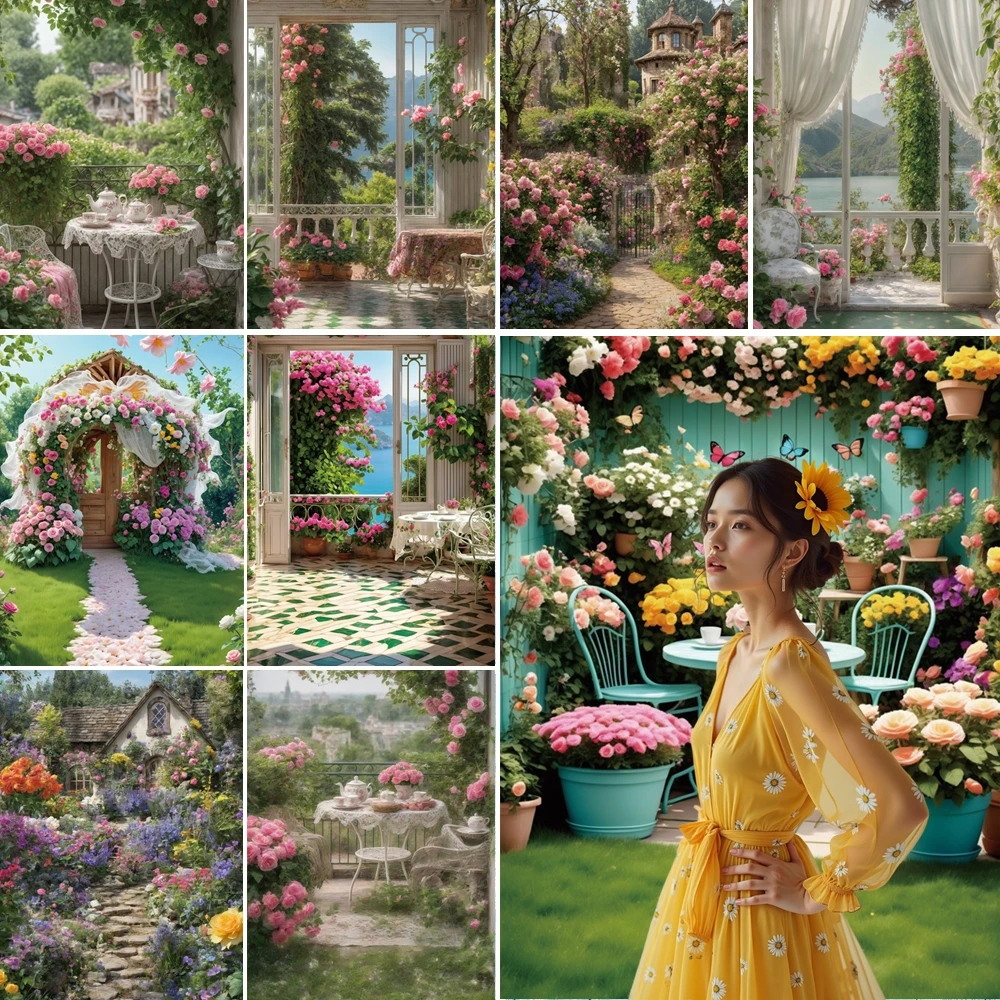 

MOON.QG Road Spring Garden Backdrop Window Trees Lawn Photo Background Women Birthday Accessories Photocall Poster Studio Decor