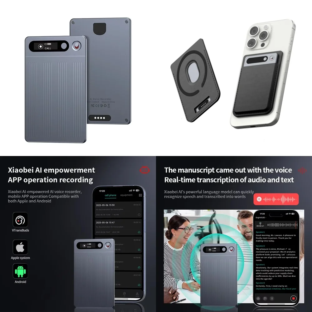 

Ультратонкий диктофон на 64 ГБ для смартфонов и планшетов с ИИ-транскрипцией, переводом и управлением через приложение, магнитный диктофон