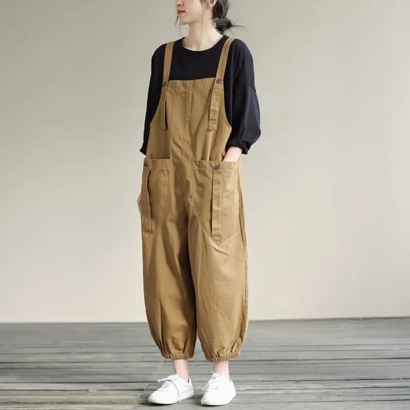 Casual Harem Pants Women's Large Size Spring Summer New Style Nine Points Slim High Waist Cargo Pants with Big Pockets